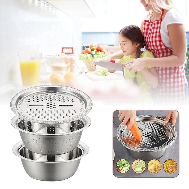Ezalla 3 in 1 Multifunctional Thicken Stainless Steel Basin Grater Vegetable Cutter with Drain Basket Vegetable Fruits Washing Bowl Strainer Set 26cm Steel Rice Bowel - Image 5