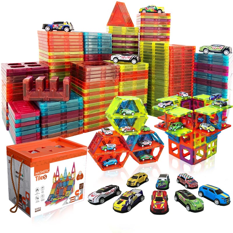 BUBUQE Magnetic Tiles Parking Building Playset with 10 Pull-Back Metal Cars for Kids Construction STEM Toy Preschool Creativity Learning Birthday Gift for Girls Boys Toddlers 3 4 5 6 7 8 - Image 1