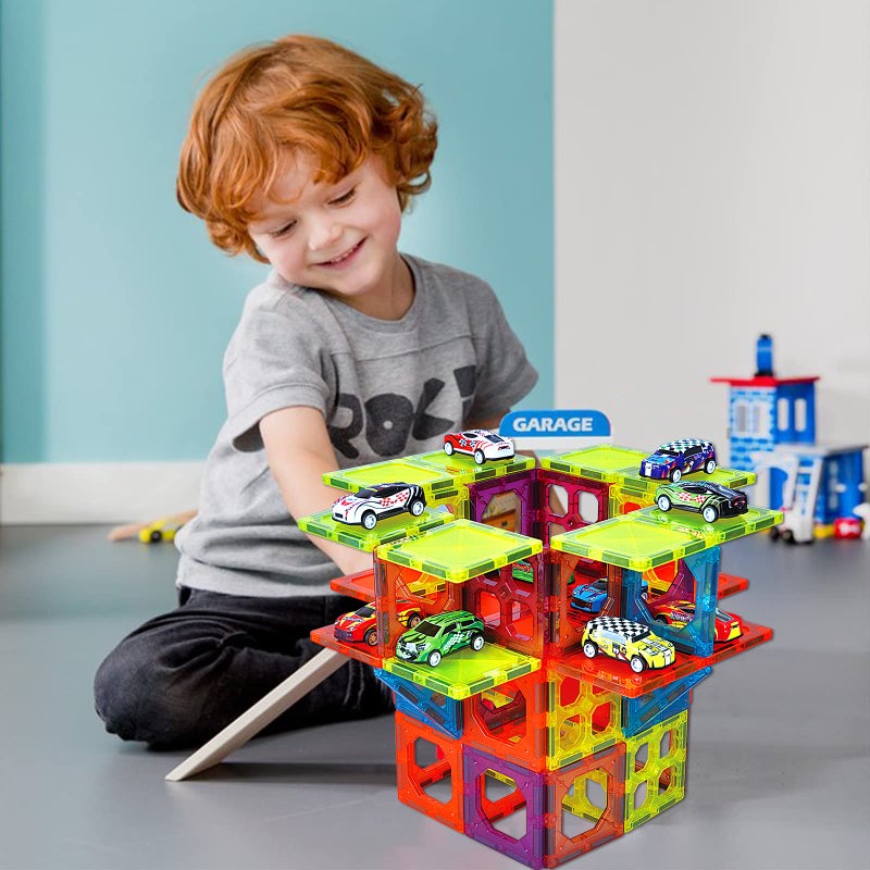 BUBUQE Magnetic Tiles Parking Building Playset with 10 Pull-Back Metal Cars for Kids Construction STEM Toy Preschool Creativity Learning Birthday Gift for Girls Boys Toddlers 3 4 5 6 7 8 - Image 5