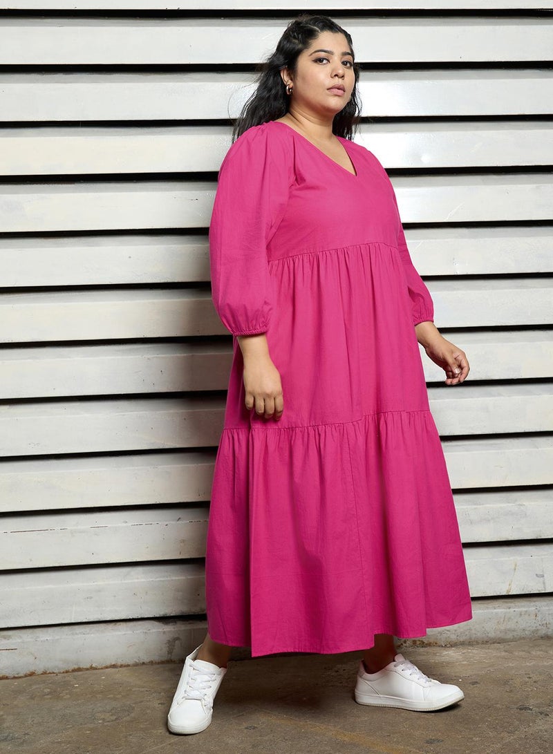 HIGH STAR Women's Pink 100% Cotton Solid Pattern Midi Smock Flared Dress - Image 3