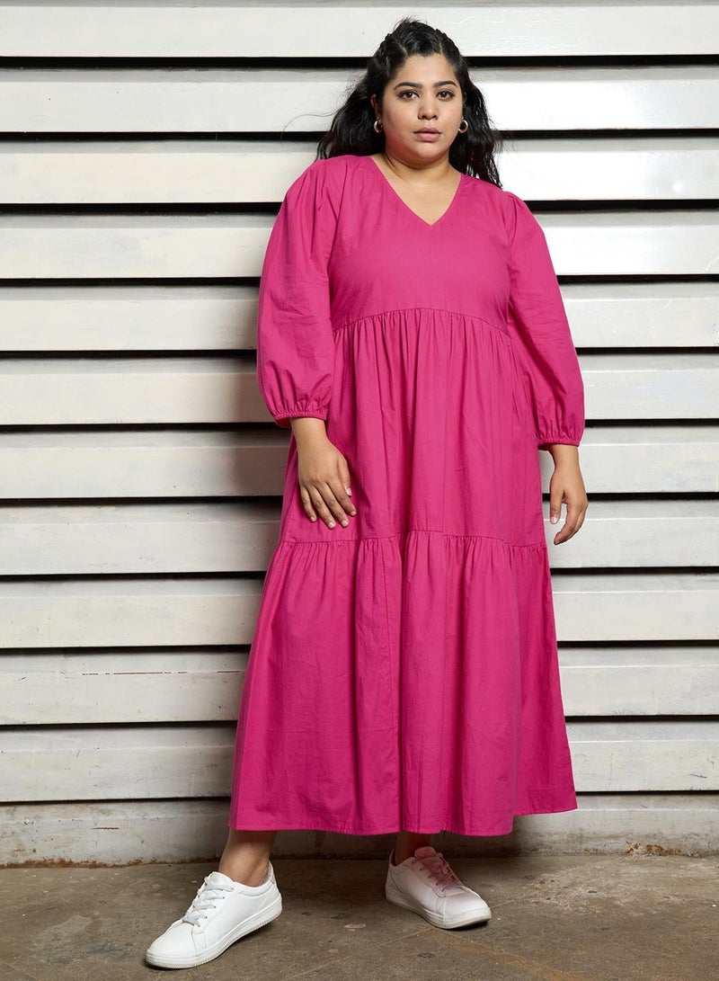 HIGH STAR Women's Pink 100% Cotton Solid Pattern Midi Smock Flared Dress - Image 1