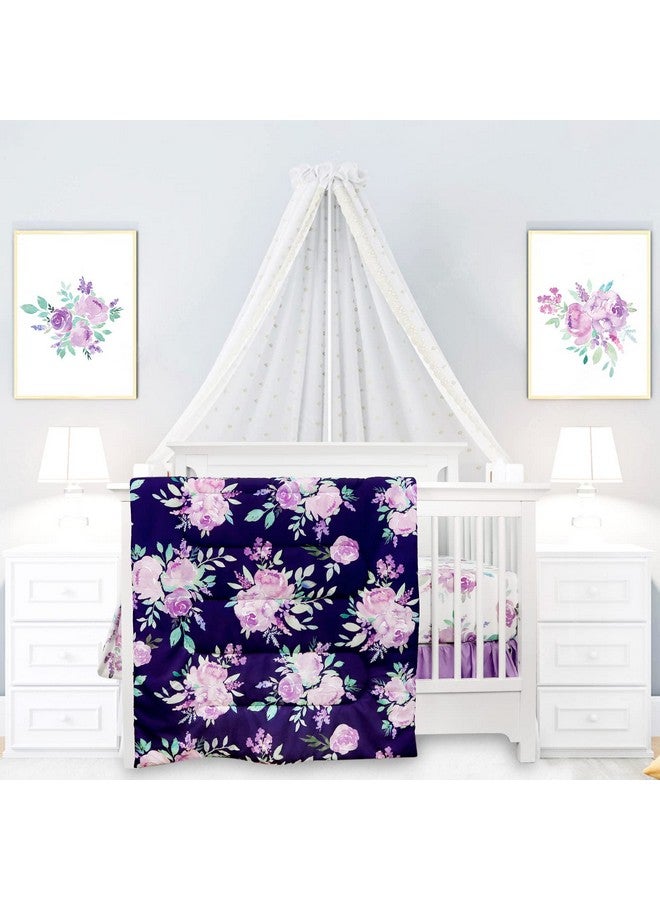 TANOFAR طقم سرير مهد مكون من 4 قطع للفتيات، لحاف زهرة بنفسجية، تنورة مهد، حاملة حفاضات، لحاف ناعم من الألياف الدقيقة، قطن - Image 1