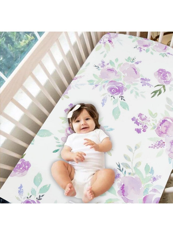 TANOFAR طقم سرير مهد مكون من 4 قطع للفتيات، لحاف زهرة بنفسجية، تنورة مهد، حاملة حفاضات، لحاف ناعم من الألياف الدقيقة، قطن - Image 5