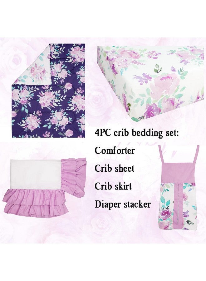 TANOFAR طقم سرير مهد مكون من 4 قطع للفتيات، لحاف زهرة بنفسجية، تنورة مهد، حاملة حفاضات، لحاف ناعم من الألياف الدقيقة، قطن - Image 2
