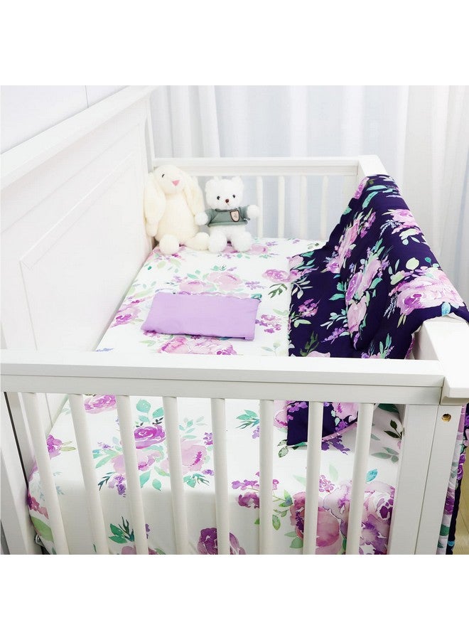TANOFAR طقم سرير مهد مكون من 4 قطع للفتيات، لحاف زهرة بنفسجية، تنورة مهد، حاملة حفاضات، لحاف ناعم من الألياف الدقيقة، قطن - Image 4