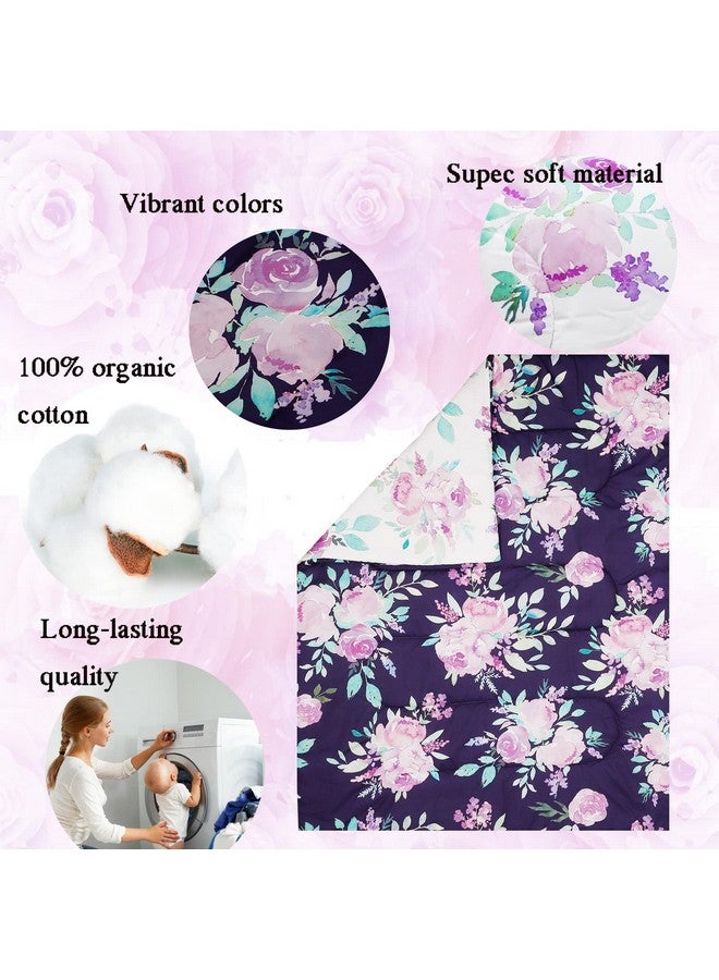 TANOFAR طقم سرير مهد مكون من 4 قطع للفتيات، لحاف زهرة بنفسجية، تنورة مهد، حاملة حفاضات، لحاف ناعم من الألياف الدقيقة، قطن - Image 3