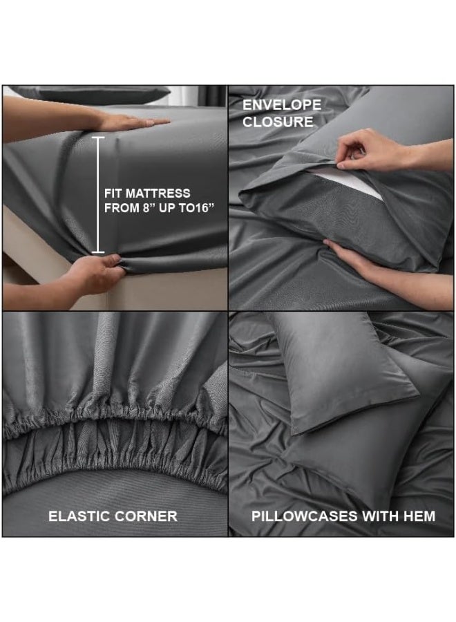 PanaX Bedding Super King Bed Sheets Set -4 Piece Bedding - Brushed Microfiber And Fade Resistant -Easy Care (Dark Grey, Super King) - Image 3