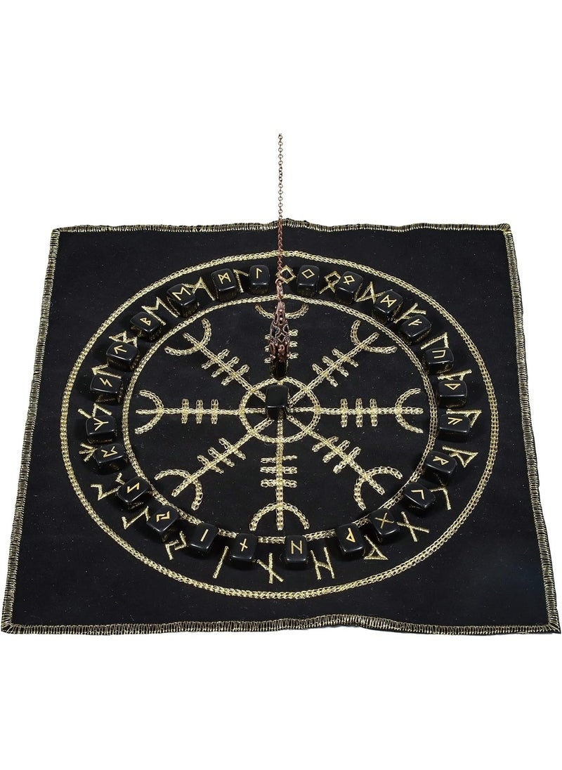 mookaitedecor mookaitedecor Black Obsidian Rune Stones Set & 6 Facted Crystal Pendulum with Viking Compass Embroidered Energy Mat for Divination Meditation Reiki Healing 