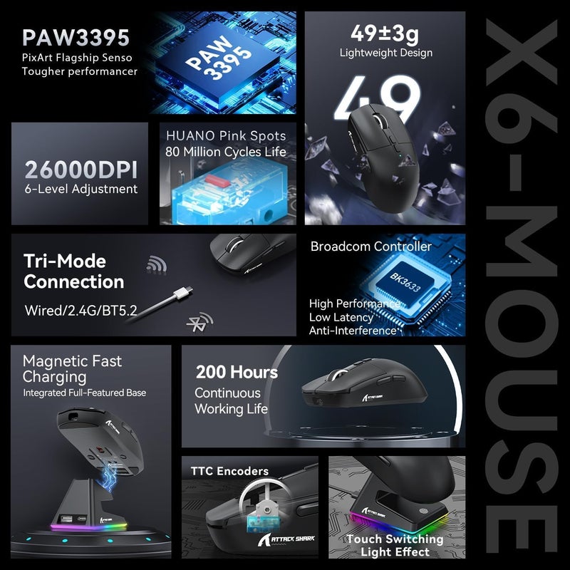 MAMBASNAKE Attack Shark X6 Wireless Gaming Mouse,RGB Magnetic Charging Dock,49g Ultralight X3 Upgrade,Tri-Mode 2.4GHz/BT5.2/USB-C,PAW3395 Sensor 26KDPI,G502 Programmable Mice for Win/Mac - Black - Image 3