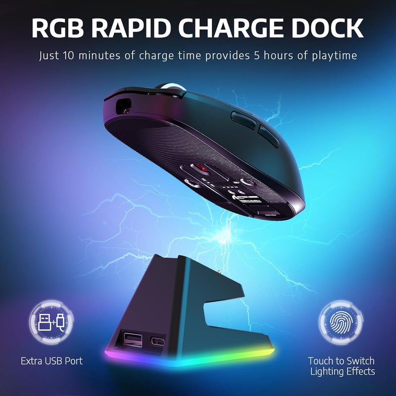 MAMBASNAKE Attack Shark X6 Wireless Gaming Mouse,RGB Magnetic Charging Dock,49g Ultralight X3 Upgrade,Tri-Mode 2.4GHz/BT5.2/USB-C,PAW3395 Sensor 26KDPI,G502 Programmable Mice for Win/Mac - Black - Image 4