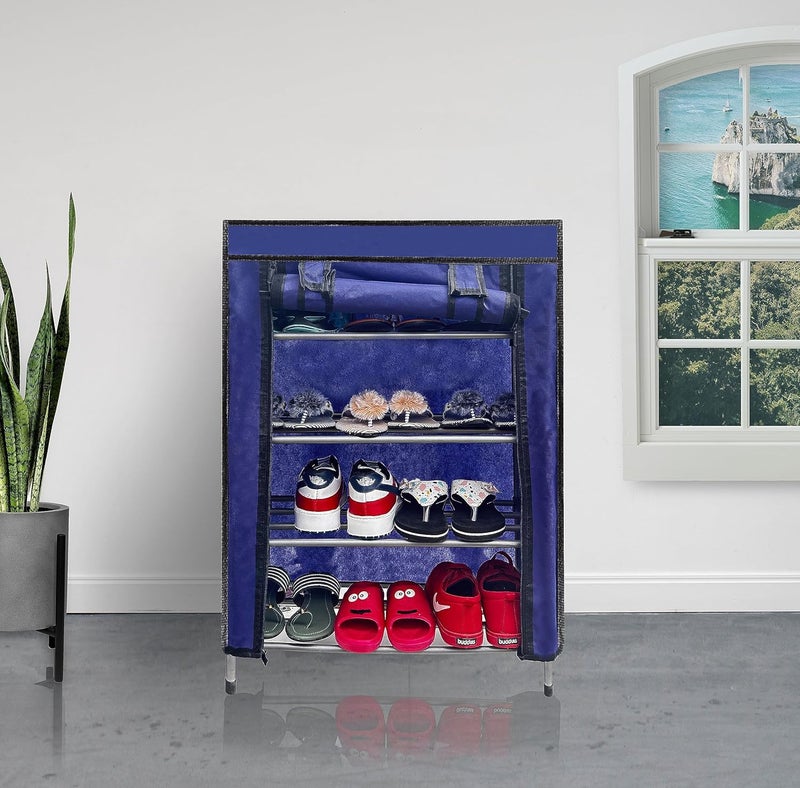 SANAMSTORE رف معدني 4 طبقات من SANAMSTORE لحذاء الملابس والكتب مع غطاء للمنزل يحتاج إلى تجميع DIY أزرق سم - Image 1