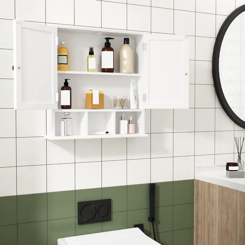 choochoo Bathroom Cabinet Wall Mounted 2-Door with 3 Open Shelves, Wooden Medicine Cabinets with Adjustable Shelf, Space Saver Storage Cabinets Over The Toilet for Bathroom&Living Room, White - Image 2