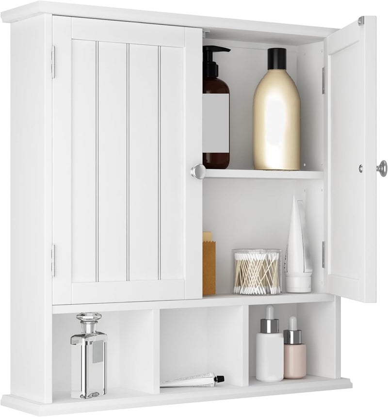 choochoo Bathroom Cabinet Wall Mounted 2-Door with 3 Open Shelves, Wooden Medicine Cabinets with Adjustable Shelf, Space Saver Storage Cabinets Over The Toilet for Bathroom&Living Room, White - Image 1