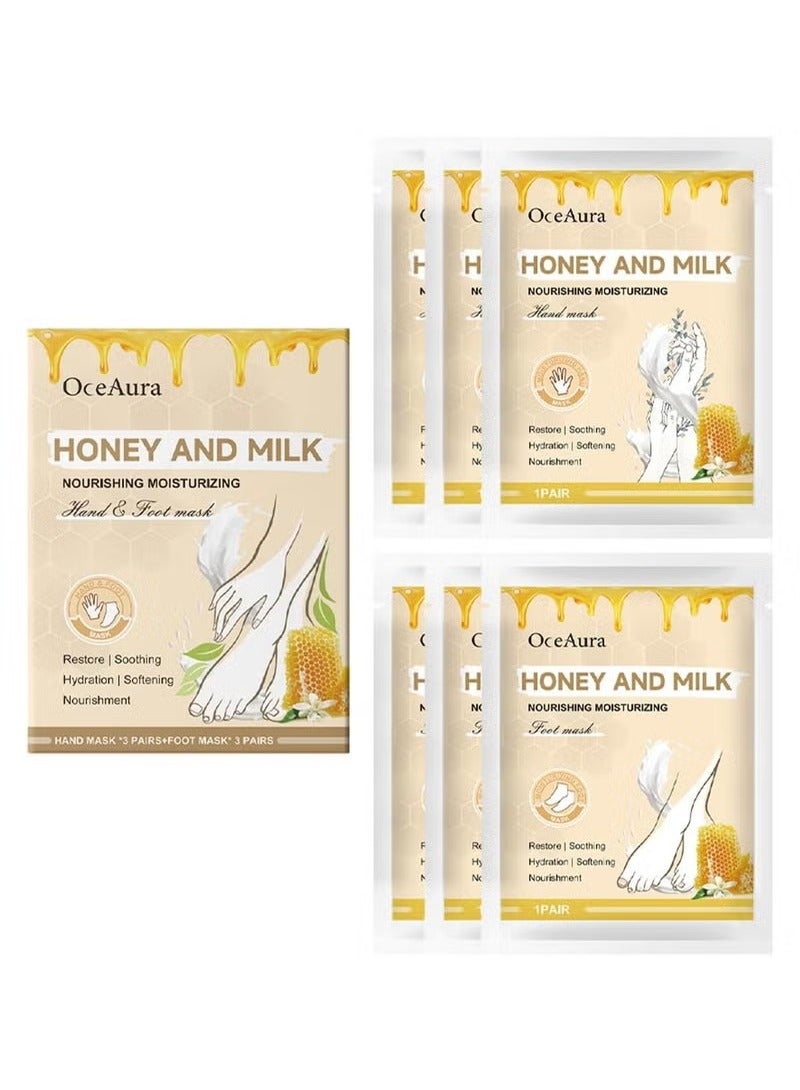 OceAura Honey and Milk Hand and Foot Mask Set, 6 Pcs for Soft, Smooth Hands and Feet - Image 1