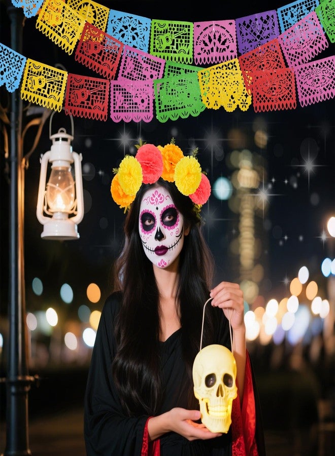 سيسو 5 قطع من لافتات الحفلات المكسيكية من SEISSO و25 قطعة من زهور القطيفة الاصطناعية، لافتة Papel Picado Mexicano para Fiesta، مجموعة ديكورات Dia De Los Muertos يوم الموتى للحفلات المكسيكية - Image 4