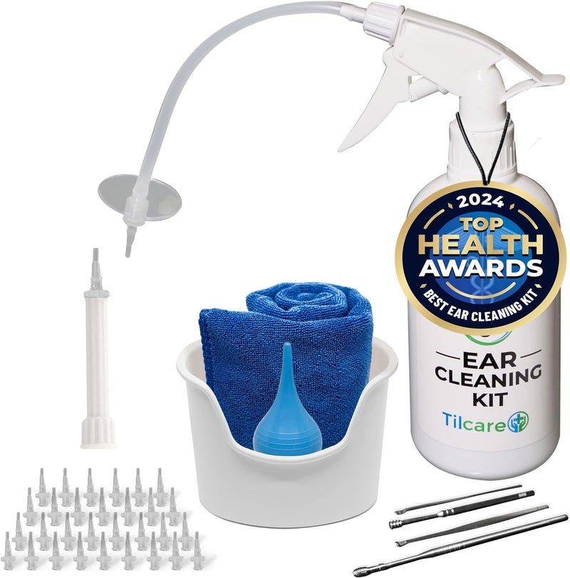 Tilcare Ear Wax Removal Tool by Tilcare - Ear Irrigation Flushing System for Adults & Kids - Perfect Ear Cleaning Kit - Includes Basin, Syringe, Curette Kit, Towel and 30 Disposable Tips 