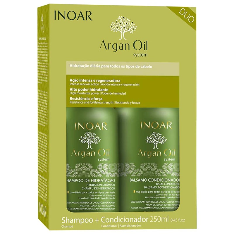 Inoar Argan Shampoo Moisturizing Conditioner Haircare Set with Argan Oil Cocoa Butter for Smoothing Repair 2x250ml
