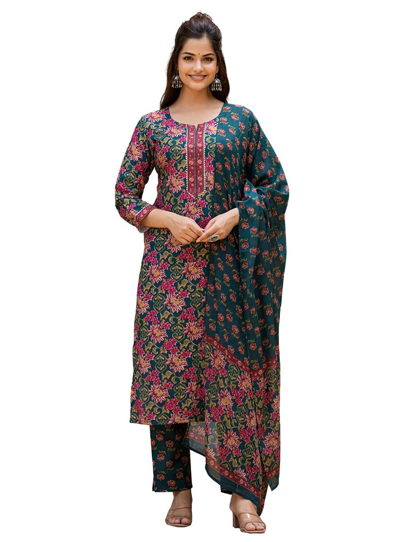 Vaamsi Women's Floral Straight Printed Kurta Pant With Dupatta Set (VKSKD2283_3XL_Green) - Image 1