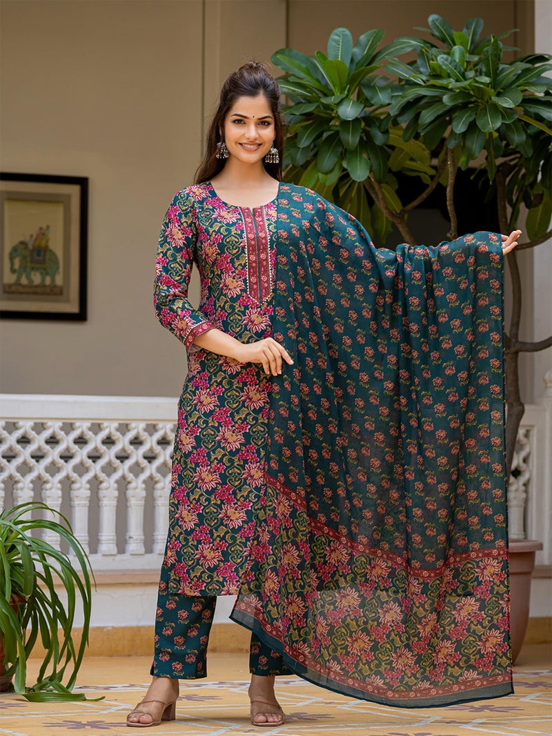Vaamsi Women's Floral Straight Printed Kurta Pant With Dupatta Set (VKSKD2283_3XL_Green) - Image 3