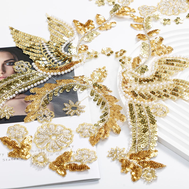 Silvora Gold Embroidery Pearl Phoenix Sequin Applique, Handmade Sewing Tool for Wedding Dress Gown Bodice Costume Clothing Craft DIY (Gold-3) - Image 3