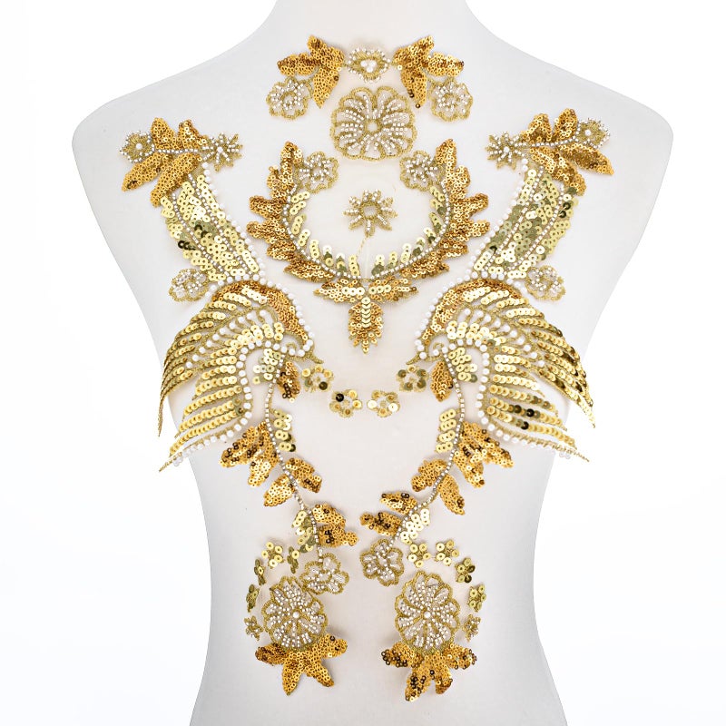 Silvora Gold Embroidery Pearl Phoenix Sequin Applique, Handmade Sewing Tool for Wedding Dress Gown Bodice Costume Clothing Craft DIY (Gold-3) - Image 1