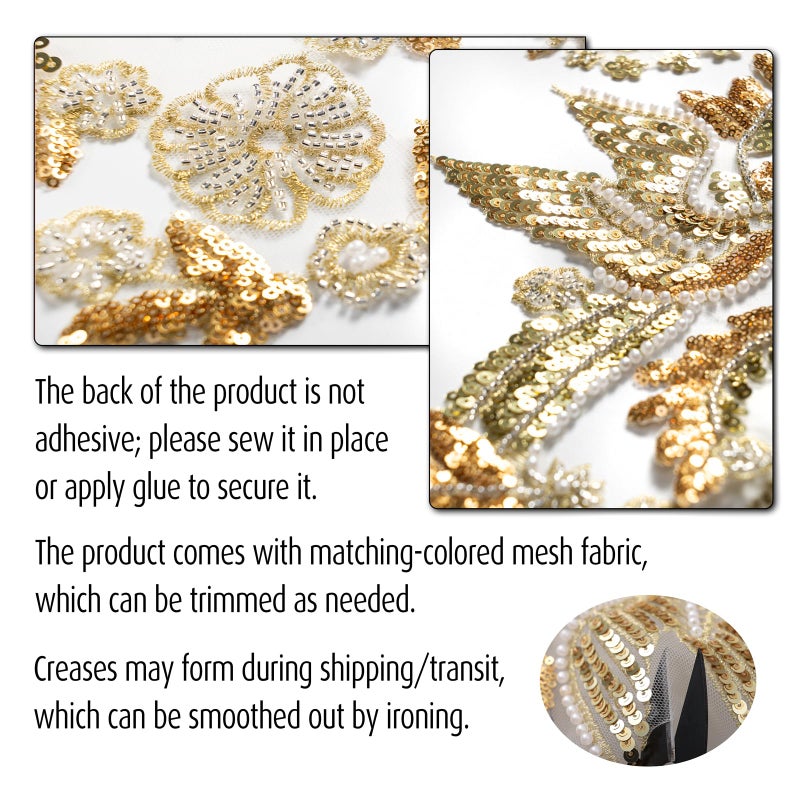 Silvora Gold Embroidery Pearl Phoenix Sequin Applique, Handmade Sewing Tool for Wedding Dress Gown Bodice Costume Clothing Craft DIY (Gold-3) - Image 5