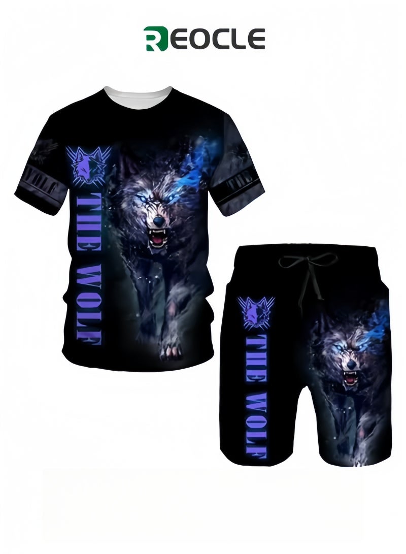 REOCLE Men's 2 Piece Outfits Shorts Tracksuit Real 3D Printed Casual Short Sleeve Crew Neck Suit Vacation Shirt and Shorts Sets - Image 1