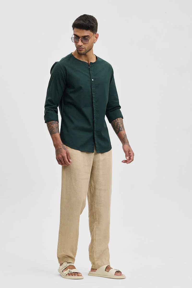 SNITCH Dark Green Solid Long Sleeve Slim Fit Casual Shirt