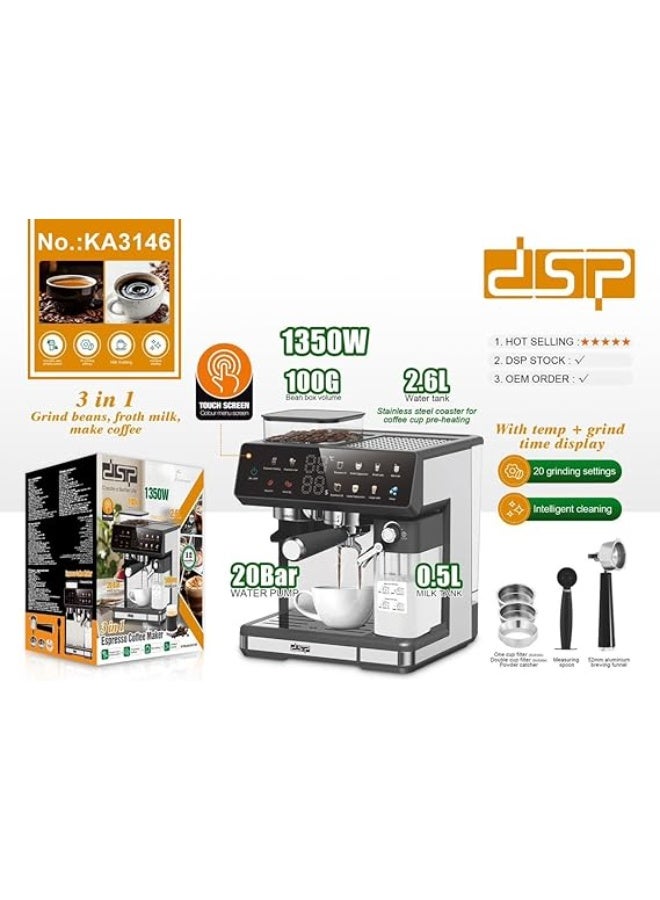 دي اس بي DSP KA3146 3-in-1 Espresso Coffee Machine | 20 Bar Pressure | Built-in Grinder, Milk Frother, 500ml Milk Tank | Touchscreen Control | Bean to Cup Coffee Maker - Image 4