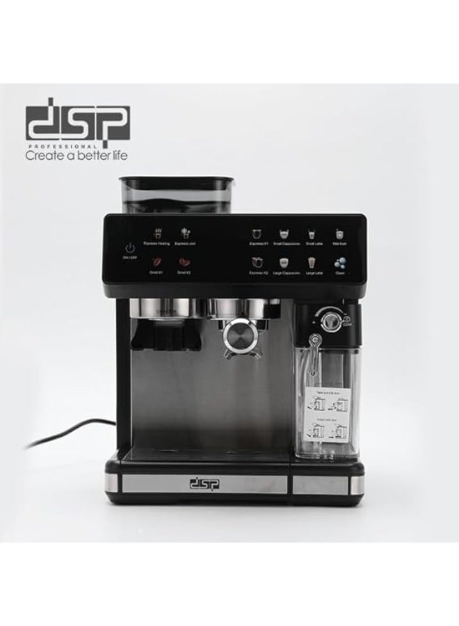 دي اس بي DSP KA3146 3-in-1 Espresso Coffee Machine | 20 Bar Pressure | Built-in Grinder, Milk Frother, 500ml Milk Tank | Touchscreen Control | Bean to Cup Coffee Maker - Image 2