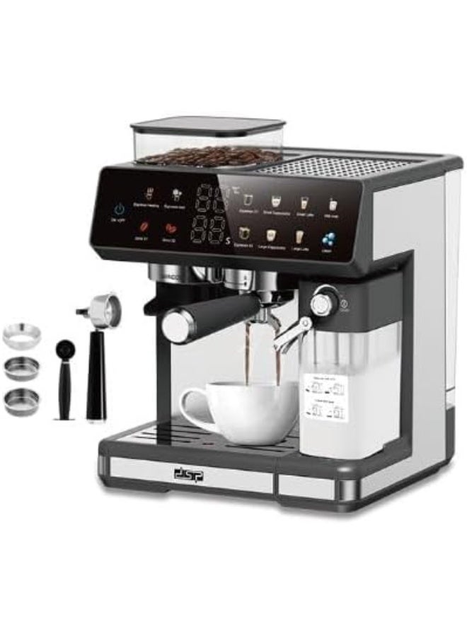 دي اس بي DSP KA3146 3-in-1 Espresso Coffee Machine | 20 Bar Pressure | Built-in Grinder, Milk Frother, 500ml Milk Tank | Touchscreen Control | Bean to Cup Coffee Maker - Image 1