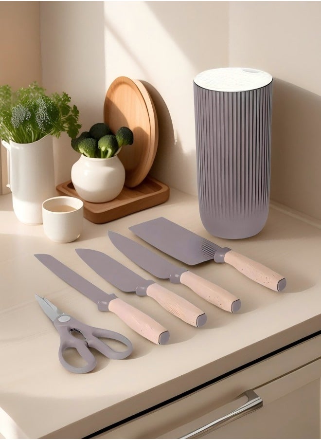 C&E Kitchen knife set with knife holder, 6-piece kitchen knife set, wooden handle, high-carbon stainless steel sharp kitchen knife set, equipped with ergonomic handle, rust-proof, purple  - Image 1
