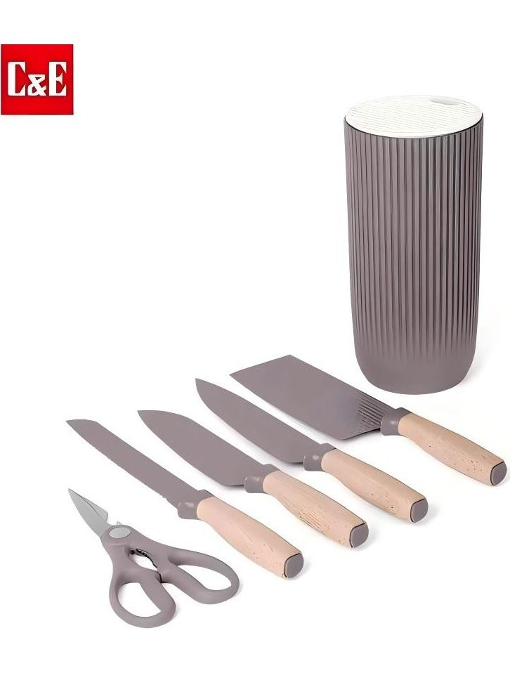 C&E Kitchen knife set with knife holder, 6-piece kitchen knife set, wooden handle, high-carbon stainless steel sharp kitchen knife set, equipped with ergonomic handle, rust-proof, purple  - Image 2