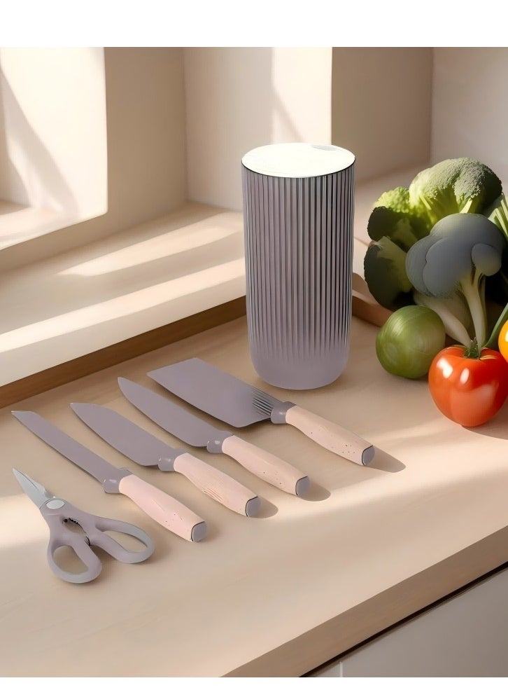 C&E Kitchen knife set with knife holder, 6-piece kitchen knife set, wooden handle, high-carbon stainless steel sharp kitchen knife set, equipped with ergonomic handle, rust-proof, purple  - Image 3