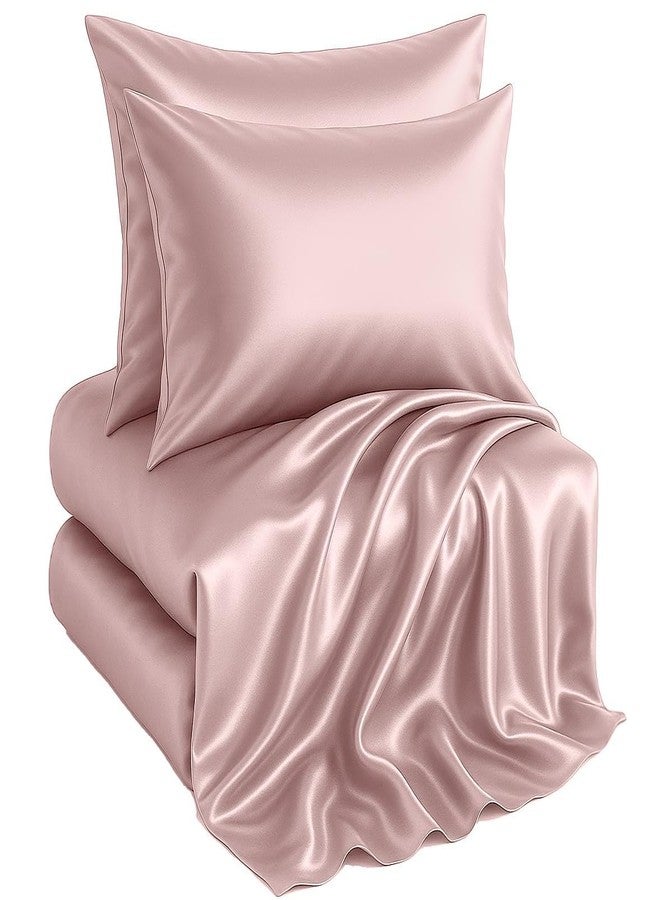 Casa Platino Satin Sheets Set Queen Size - 4 Pieces - Super Soft Like Silk - 1 Deep Pocket Fitted Sheet, 1 Flat Sheet & 2 Queen Pillowcases - Breathable Luxury Satin Bed Sheets Set for Girls - Pink - Image 1