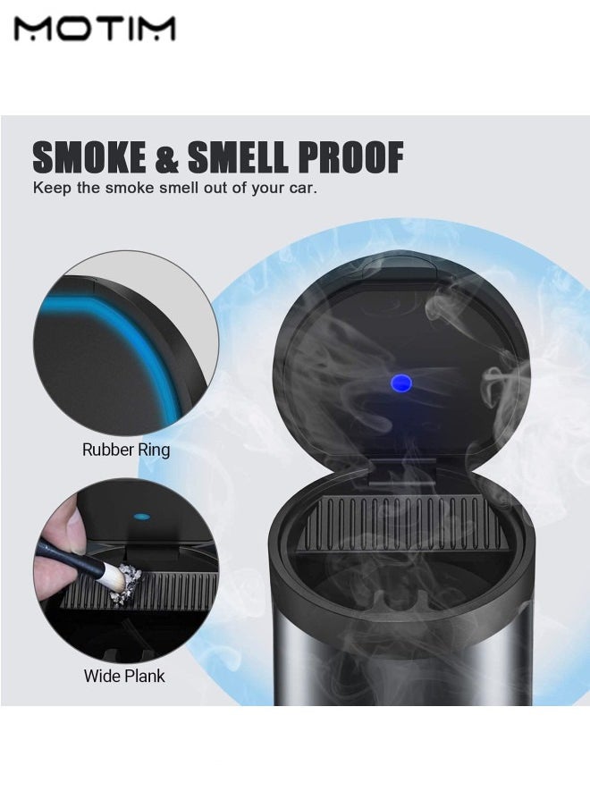 Motim 1 Pcs Car Ashtray Stainless Steel Smokeless Mini Ash Tray Can with Lid LED Blue Light And 1 Pcs Collapsible Car Garbage Bin Mini Car Bin Pop-Up Trash Bin  - Image 2