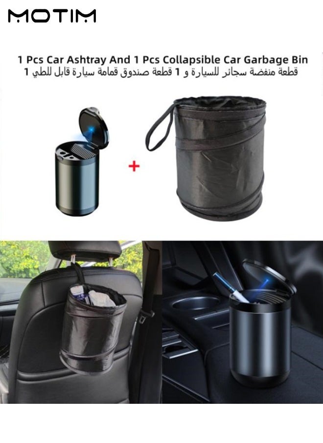 Motim 1 Pcs Car Ashtray Stainless Steel Smokeless Mini Ash Tray Can with Lid LED Blue Light And 1 Pcs Collapsible Car Garbage Bin Mini Car Bin Pop-Up Trash Bin  - Image 1