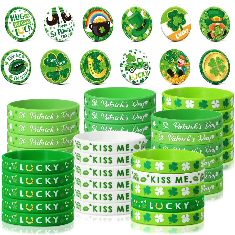 Harrycle 72 Pieces St. Patrick's Day Party Favors Including Green Shamrock Bracelet Lucky Rubber Wristbands Irish Clover Badges Bulk for Saint Patrick's Day Accessories Set Birthday Party Supplies Decor - Image 1