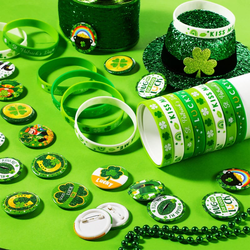 Harrycle 72 Pieces St. Patrick's Day Party Favors Including Green Shamrock Bracelet Lucky Rubber Wristbands Irish Clover Badges Bulk for Saint Patrick's Day Accessories Set Birthday Party Supplies Decor - Image 4