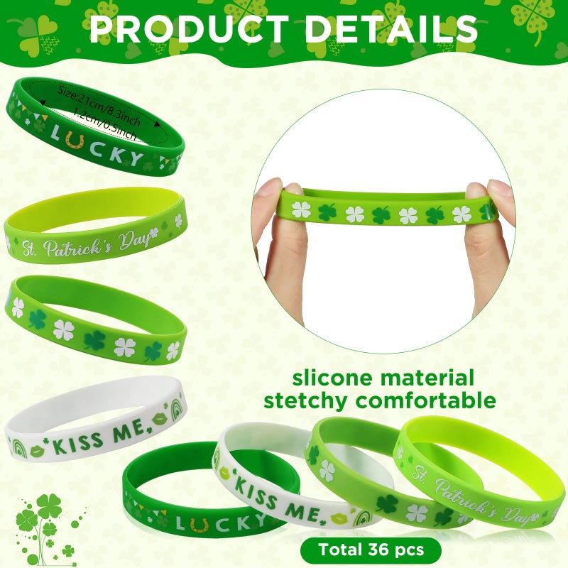 Harrycle 72 Pieces St. Patrick's Day Party Favors Including Green Shamrock Bracelet Lucky Rubber Wristbands Irish Clover Badges Bulk for Saint Patrick's Day Accessories Set Birthday Party Supplies Decor - Image 3