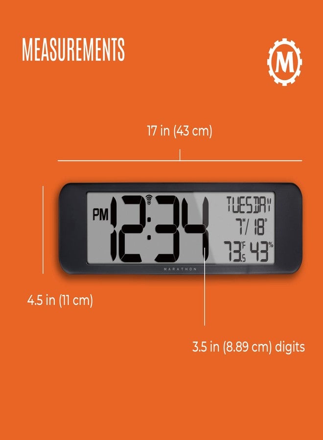 ماراثون ساعة حائط ماراثون فائقة العرض تعمل بنظام التوقيت الذري، لون أسود - شاشة بانورامية كبيرة مقاس 14 بوصة - عرض الوقت بنظام 12 ساعة (صباحًا/مساءً) أو 24 ساعة، ثماني مناطق زمنية، قياس درجة الحرارة والرطوبة الداخلية - بطاريتان AA مرفقتان - Image 5