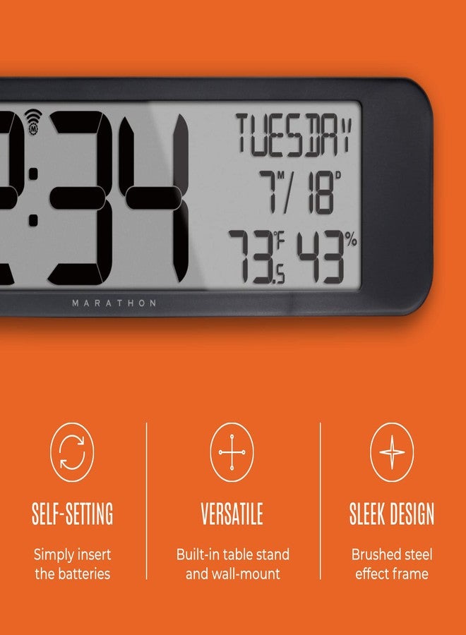 ماراثون ساعة حائط ماراثون فائقة العرض تعمل بنظام التوقيت الذري، لون أسود - شاشة بانورامية كبيرة مقاس 14 بوصة - عرض الوقت بنظام 12 ساعة (صباحًا/مساءً) أو 24 ساعة، ثماني مناطق زمنية، قياس درجة الحرارة والرطوبة الداخلية - بطاريتان AA مرفقتان - Image 3