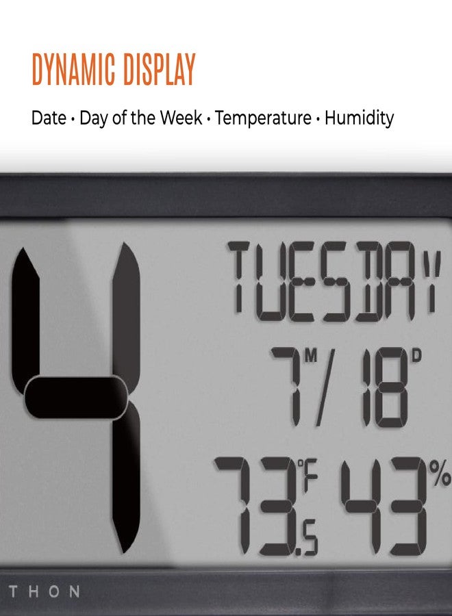 ماراثون ساعة حائط ماراثون فائقة العرض تعمل بنظام التوقيت الذري، لون أسود - شاشة بانورامية كبيرة مقاس 14 بوصة - عرض الوقت بنظام 12 ساعة (صباحًا/مساءً) أو 24 ساعة، ثماني مناطق زمنية، قياس درجة الحرارة والرطوبة الداخلية - بطاريتان AA مرفقتان - Image 4