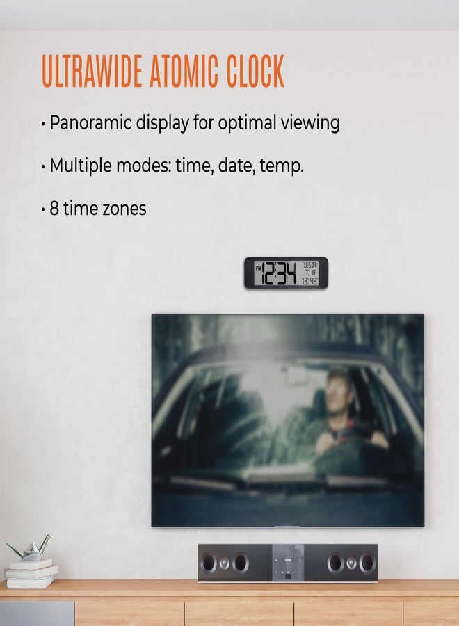 ماراثون ساعة حائط ماراثون فائقة العرض تعمل بنظام التوقيت الذري، لون أسود - شاشة بانورامية كبيرة مقاس 14 بوصة - عرض الوقت بنظام 12 ساعة (صباحًا/مساءً) أو 24 ساعة، ثماني مناطق زمنية، قياس درجة الحرارة والرطوبة الداخلية - بطاريتان AA مرفقتان - Image 2