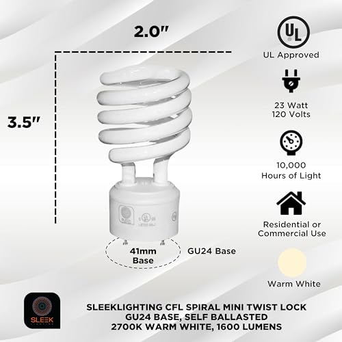 SLEEKLIGHTING - GU24 23Watt 2700K 1600lm 2 Prong Light Bulbs- UL approved-120v 60Hz - Mini Twist Lock Spiral -Self Ballasted CFL Fluorescent Bulbs- 1600lm Warm White 4 Pack (100 Watt Equ) - Image 2