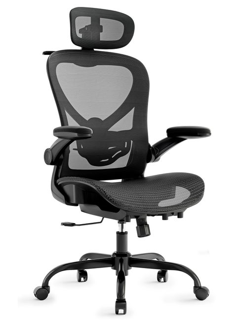 Ergonomic Gaming Office Chair with 90° Foldable Armrests - Mesh Office Chair with 2D Lumbar Support and 3D Headrest, 125° Reclining, Holds up to 140kg for Office/Study/Library, Black