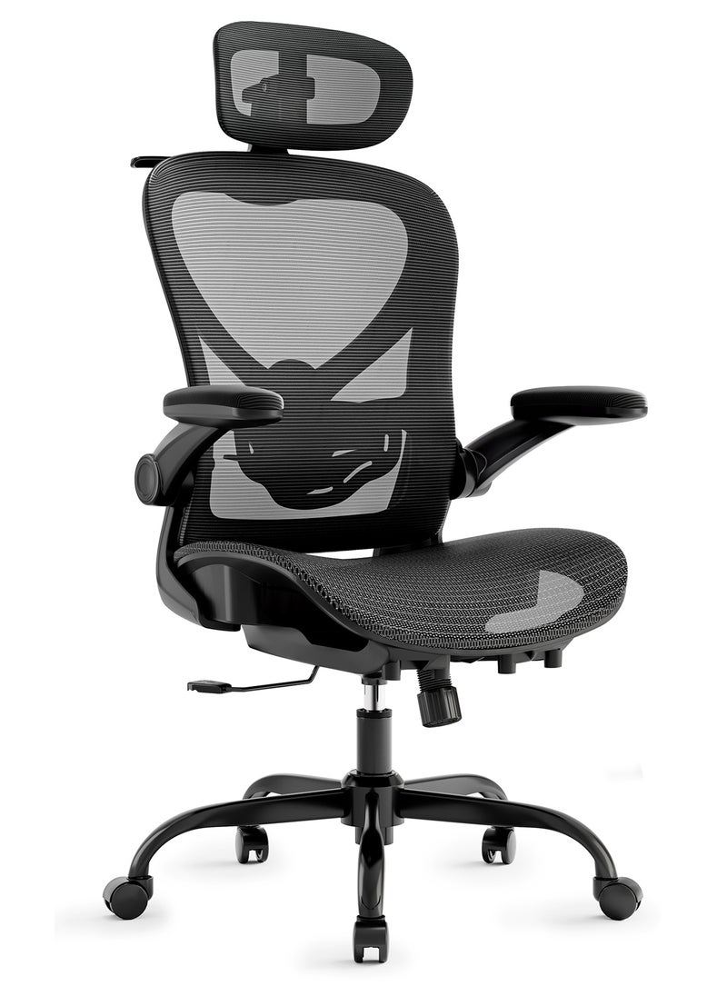 Ergonomic Gaming Office Chair with 90° Foldable Armrests - Mesh Office Chair with 2D Lumbar Support and 3D Headrest, 125° Reclining, Holds up to 140kg for Office/Study/Library, Black