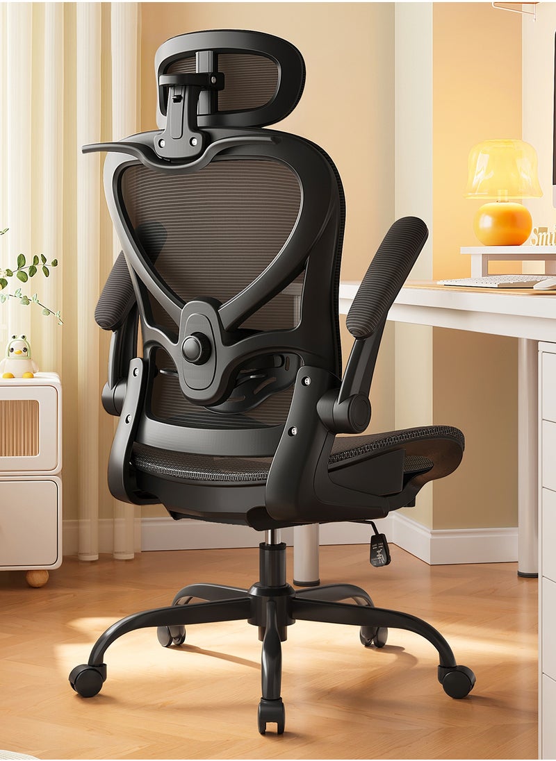 Ergonomic Gaming Office Chair with 90° Foldable Armrests - Mesh Office Chair with 2D Lumbar Support and 3D Headrest, 125° Reclining, Holds up to 140kg for Office/Study/Library, Black