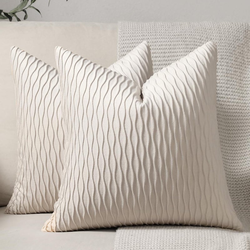 DEZENE Ivory White Couch Pillow Covers: 2 Pack 24x24 Inch Original Striped Velvet Square Throw Pillow Cases for Farmhouse Home Decor - Image 1