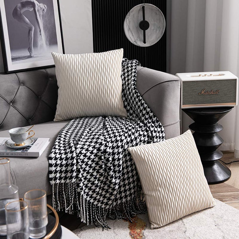 DEZENE Ivory White Couch Pillow Covers: 2 Pack 24x24 Inch Original Striped Velvet Square Throw Pillow Cases for Farmhouse Home Decor - Image 3
